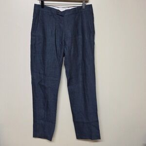 Spier & Mackay Linen Dress Pants Men 32 Blue Slim Fit Flat Front Casual Chambray